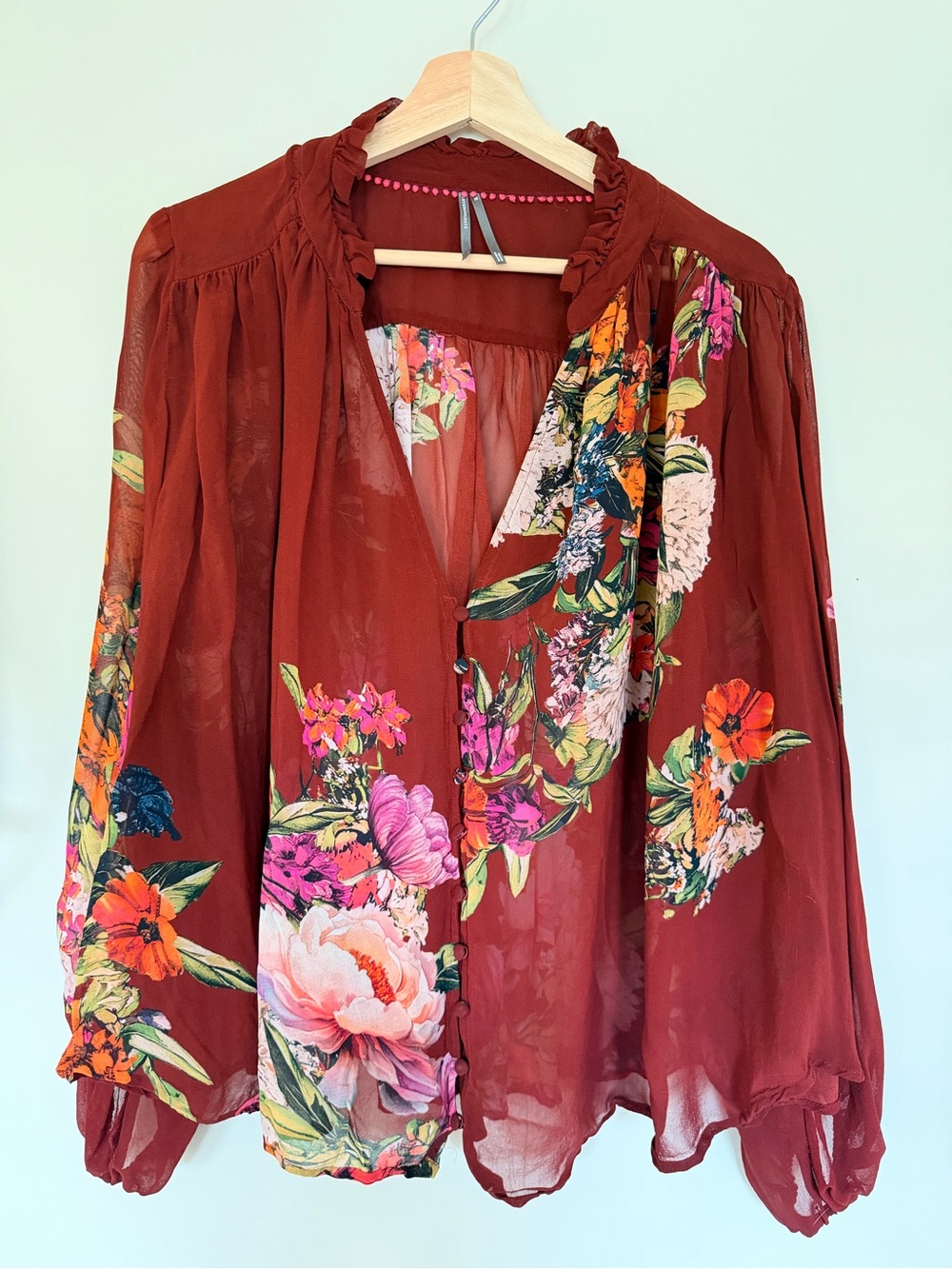 Anthropologie Floral Ruffle Neck Blouse in Rust Size 2X